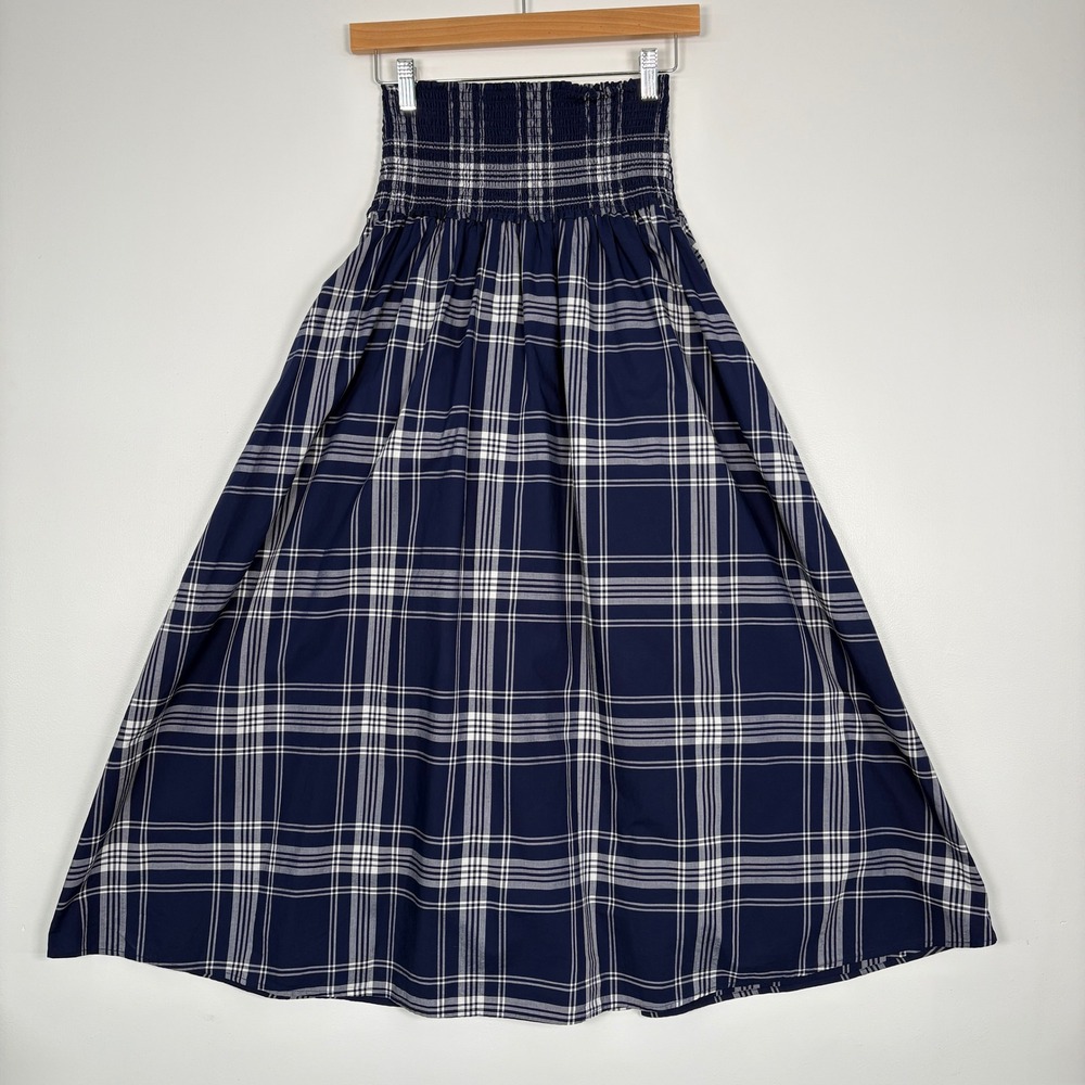 Hill House Women Skirt XS Navy Blue Plaid Smocked Waist Cotton Midi 9377